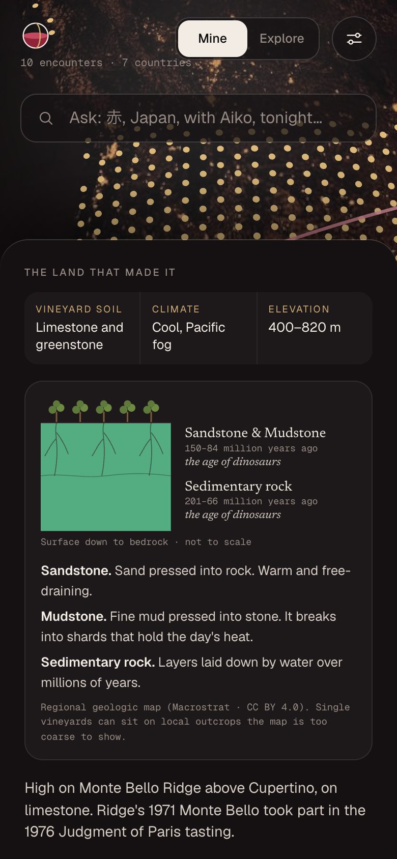 A wine's land section: limestone and greenstone soil, cool Pacific fog, and a cross-section of sandstone and mudstone.